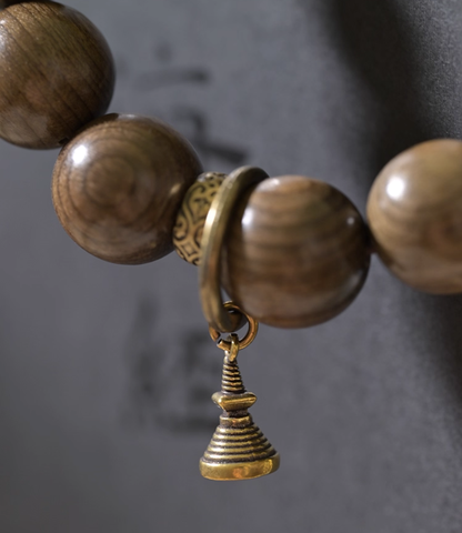 Golden Silk Phoebe Wood Buddha Beads Mala | Copper Bracelet with Dzi for Protection & Wisdom