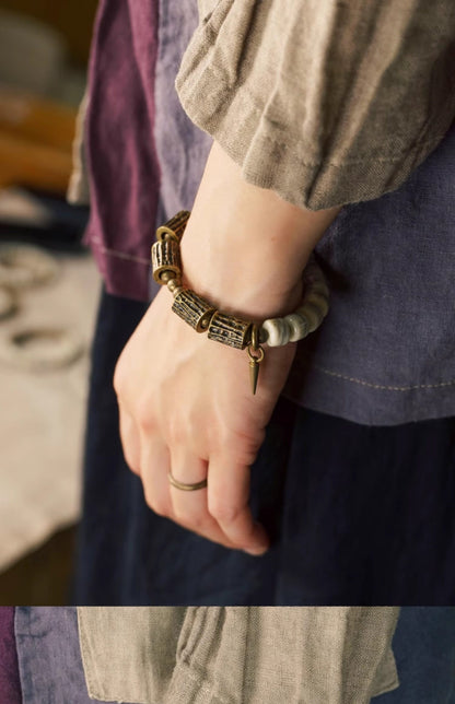 Hand-Carved Ox Bone & Vintage Brass Tube Bracelet (Tibetan Style)