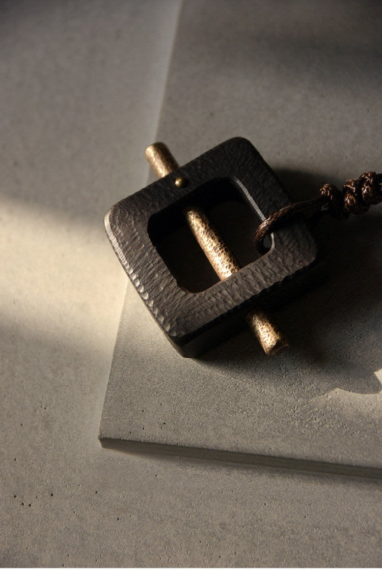 Geometric Ebony and Hammered Brass Wooden Necklace