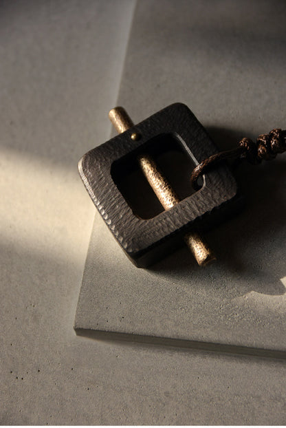 Geometric Ebony and Hammered Brass Wooden Necklace