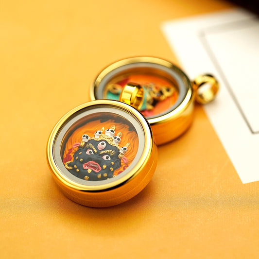 Hand-Painted Round Tibetan Gau Box Pendant (Titanium Steel) - 1.5cm Mini Shrine