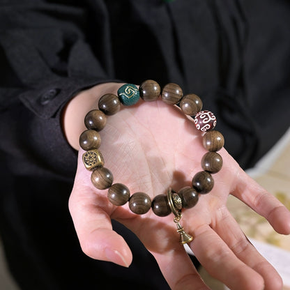 Golden Silk Phoebe Wood Buddha Beads Mala | Copper Bracelet with Dzi for Protection & Wisdom