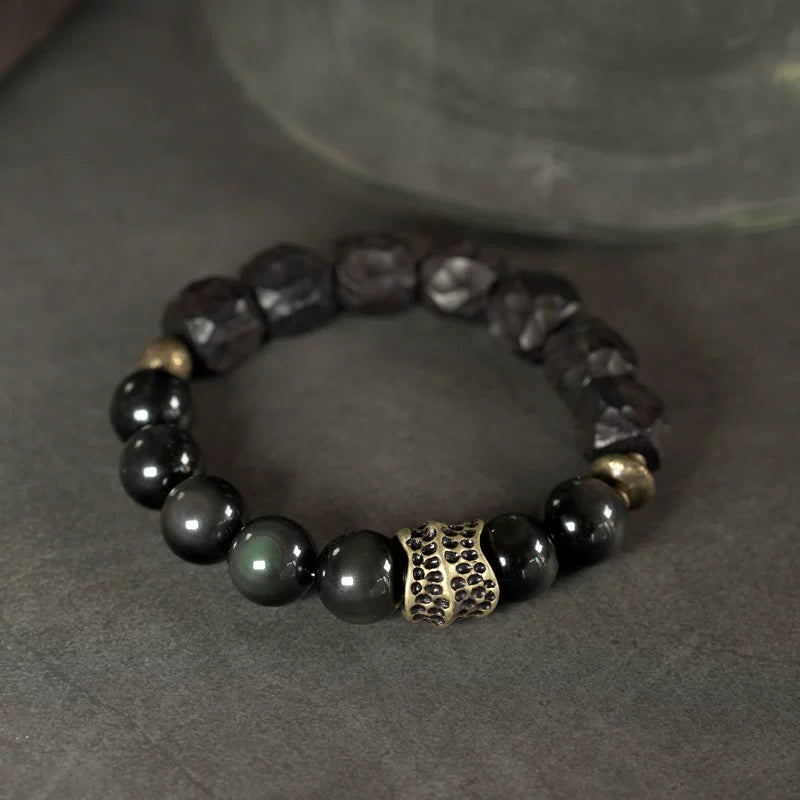 Handcrafted Ebony Wooden Bead Bracelet | Antique Copper Bracelet for Protection & Good Fortune