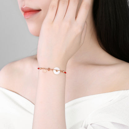 S925 Silver & Natural Hetian Jade Donut Red String Bracelet with Ruyi Key (Adjustable)