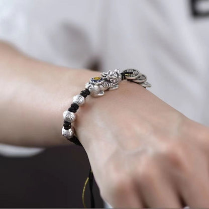 999 Pure Silver Pixiu Bracelet with Five Emperor Coins (Red/Black String)