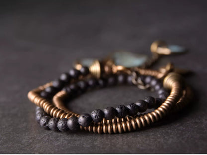 Unisex Lava Stone & Brass Coil Bracelet - Strength & Confidence