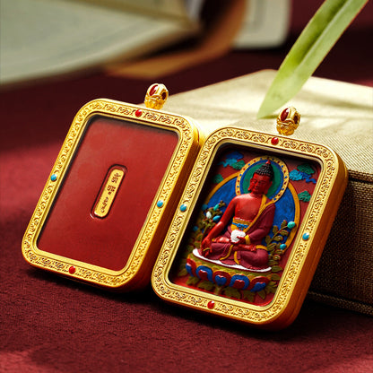Hand-Painted Cinnabar Thangka Pendant (Brass Frame) - 15 Deity Options