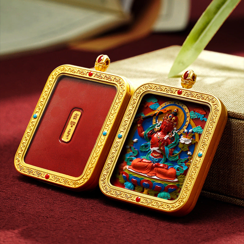 Hand-Painted Cinnabar Thangka Pendant (Brass Frame) - 15 Deity Options