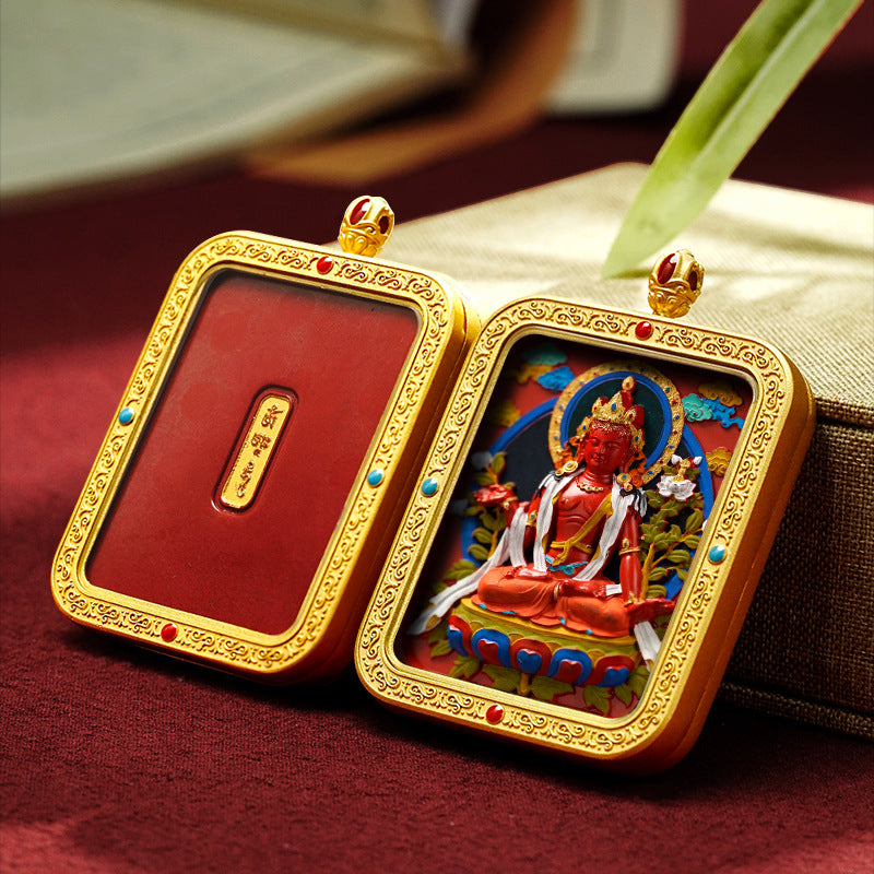 Hand-Painted Cinnabar Thangka Pendant (Brass Frame) - 15 Deity Options