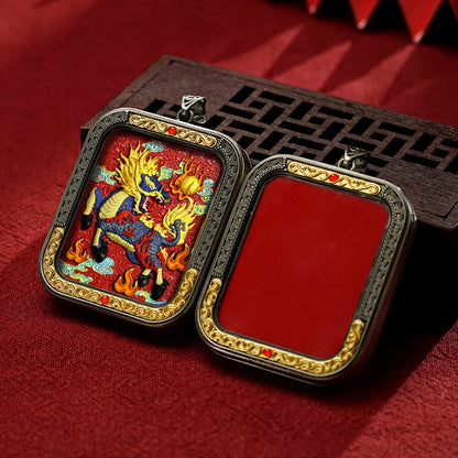 Hand-Painted Cinnabar Thangka Pendant (White Copper Frame) - Qilin & Zodiac Buddha