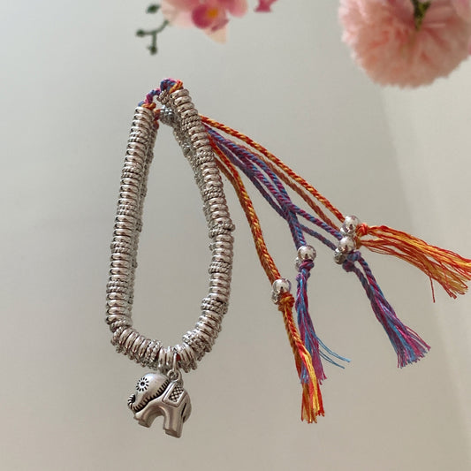 Tribal Red String Braided Bracelet with Vintage Silver Rings & Charms (Adjustable)