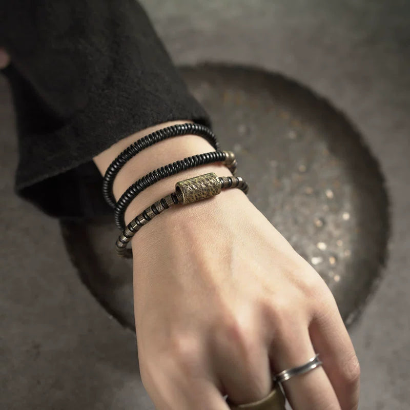 Hammered Brass & Ebony Tibetan Wrap Bracelet for Transformation