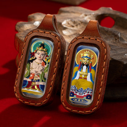 Hand-Painted Tibetan Clay Pendant in Stitched Leather Case (Double-Sided Amulet)
