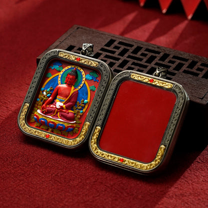 Hand-Painted Cinnabar Thangka Pendant (White Copper Frame) - Qilin & Zodiac Buddha