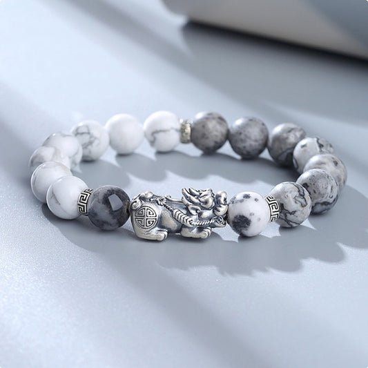 Pure Silver Pixiu Bracelet | White Turquoise & Yin Yang Design