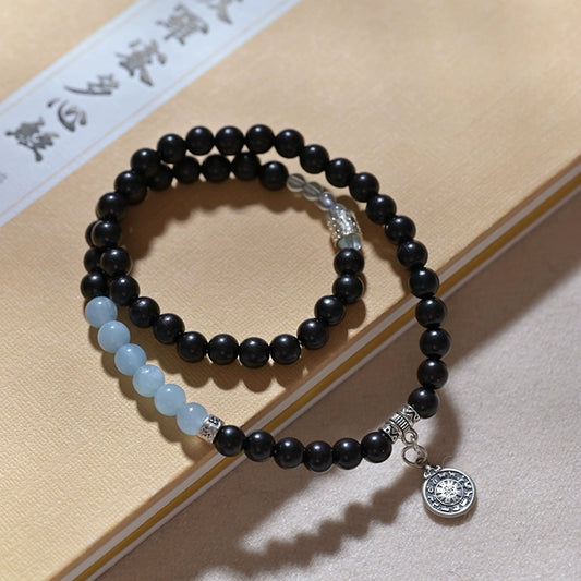 Obsidian & Aquamarine Protection Amulet Bracelet - A Talisman for Courage and Healing