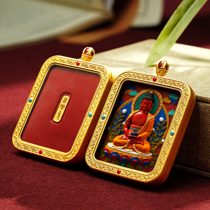 Hand-Painted Cinnabar Thangka Pendant (Brass Frame) - 15 Deity Options