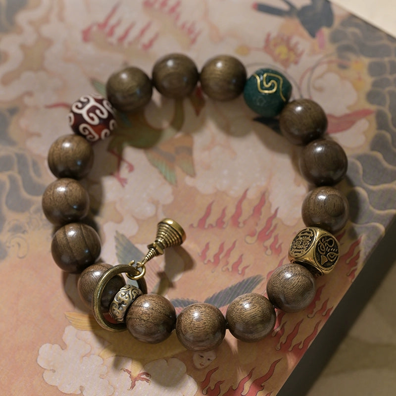 Golden Silk Phoebe Wood Buddha Beads Mala | Copper Bracelet with Dzi for Protection & Wisdom