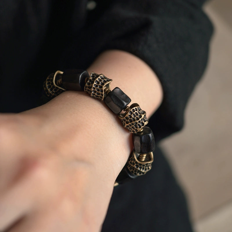 Artisan Ebony & Brass Feng Shui Bracelet for Balance & Healing