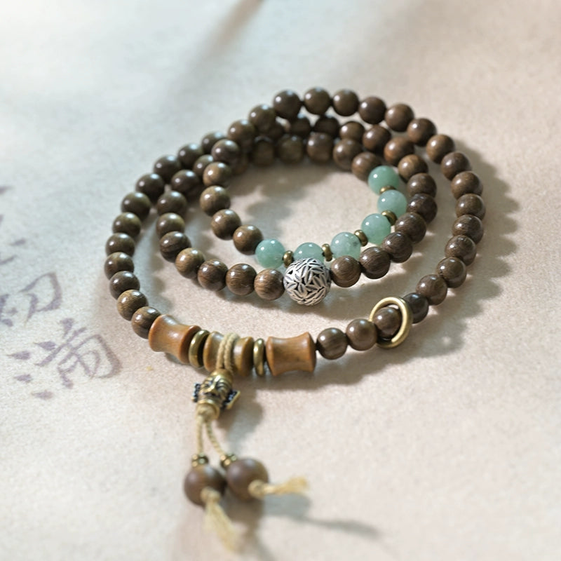 Golden Sandalwood & Jade Buddha Beads Mala for Vitality and Healing