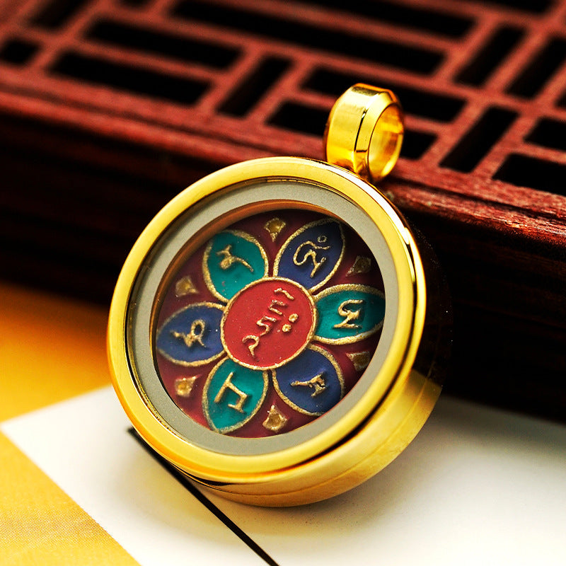 Hand-Painted Round Tibetan Gau Box Pendant (Titanium Steel) - 1.5cm Mini Shrine