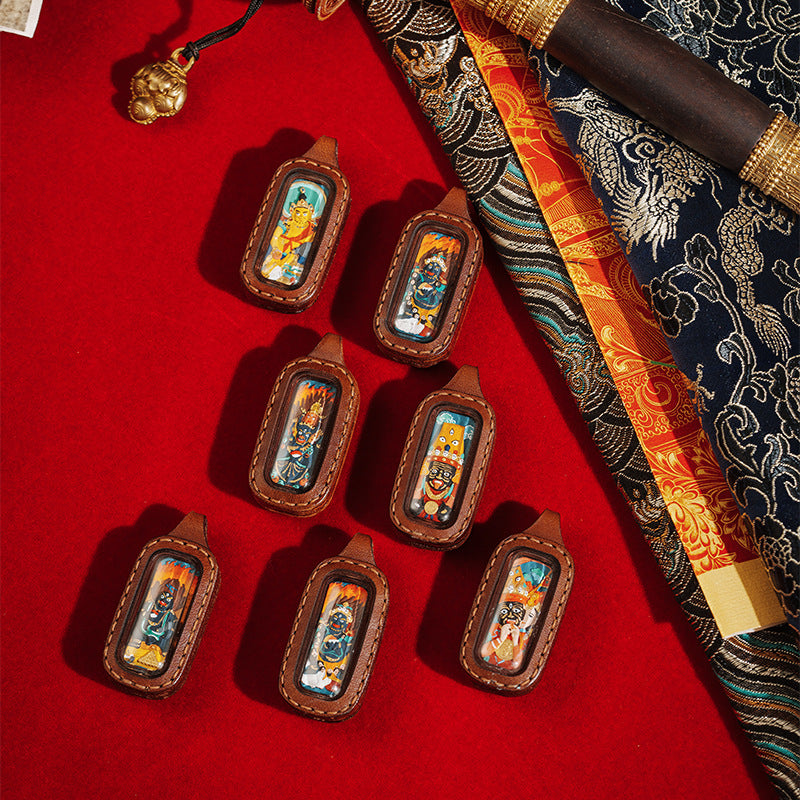 Hand-Painted Tibetan Clay Pendant in Stitched Leather Case (Double-Sided Amulet)