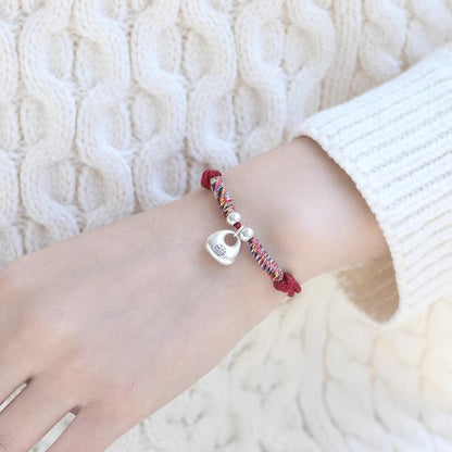 999 Pure Silver Hollow "Fu" Lock Red String Bracelet (Adjustable)