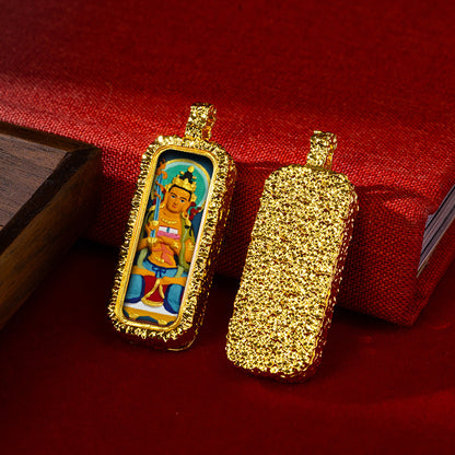 Hammered Brass Tibetan Tsha-Tsha Pendant (Rectangular Hand-Painted Amulet)
