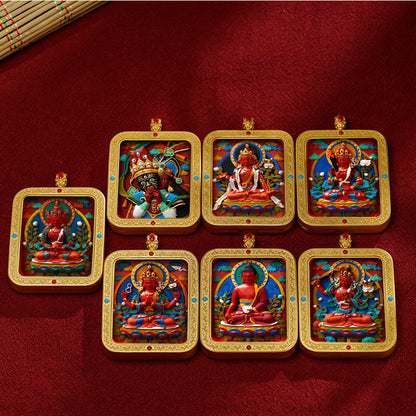 Hand-Painted Cinnabar Thangka Pendant (Brass Frame) - 15 Deity Options