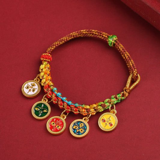 Five-Color Tibetan Braided Bracelet with 5 Wealth Gods Charms (Enamel)