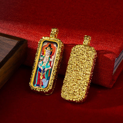 Hammered Brass Tibetan Tsha-Tsha Pendant (Rectangular Hand-Painted Amulet)