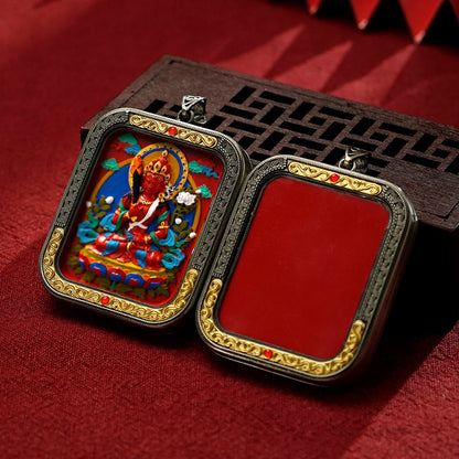 Hand-Painted Cinnabar Thangka Pendant (White Copper Frame) - Qilin & Zodiac Buddha