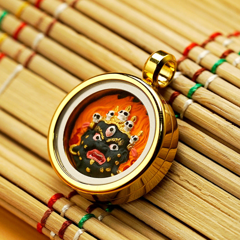 Hand-Painted Round Tibetan Gau Box Pendant (Titanium Steel) - 1.5cm Mini Shrine