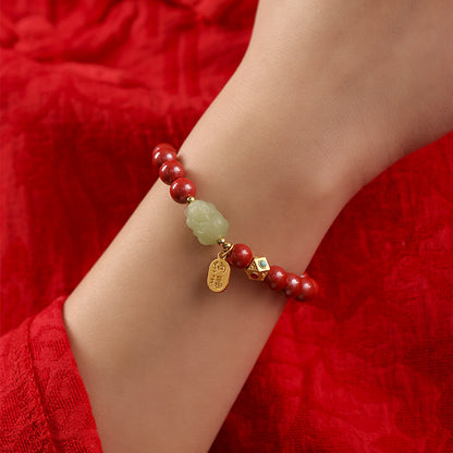 Cinnabar & Amber Pixiu Bracelet | Red Feng Shui Wealth Jewelry