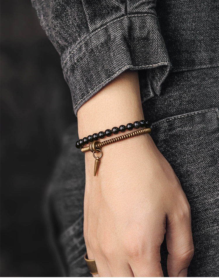 Tibetan Style Obsidian & Brass Wrap Bracelet for Courage & Spiritual Growth