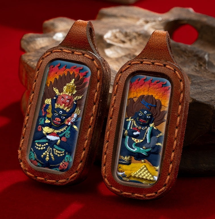 Hand-Painted Tibetan Clay Pendant in Stitched Leather Case (Double-Sided Amulet)