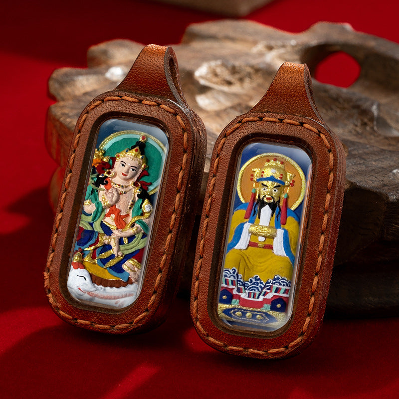 Hand-Painted Tibetan Clay Pendant in Stitched Leather Case (Double-Sided Amulet)