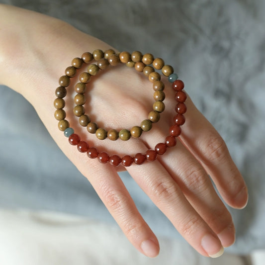 Verawood, Jade & Agate Bracelet Set for Peace, Healing & Purity