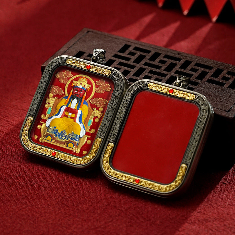 Hand-Painted Cinnabar Thangka Pendant (White Copper Frame) - Qilin & Zodiac Buddha