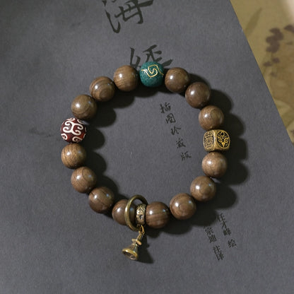 Golden Silk Phoebe Wood Buddha Beads Mala | Copper Bracelet with Dzi for Protection & Wisdom