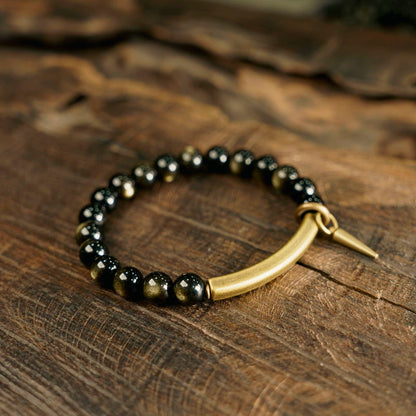 Golden Obsidian & Brass Feng Shui Bracelet for Wealth & Strength