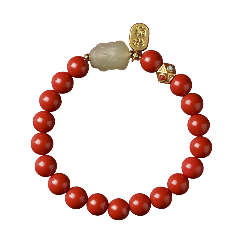 Cinnabar & Amber Pixiu Bracelet | Red Feng Shui Wealth Jewelry