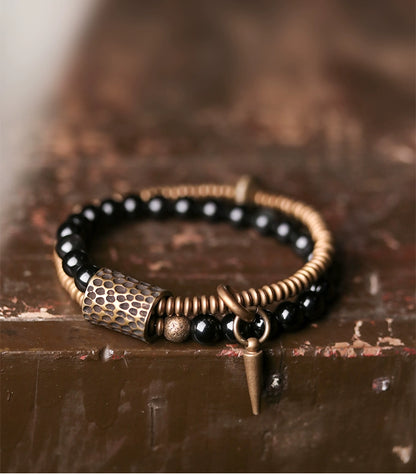 Tibetan Style Obsidian & Brass Wrap Bracelet for Courage & Spiritual Growth