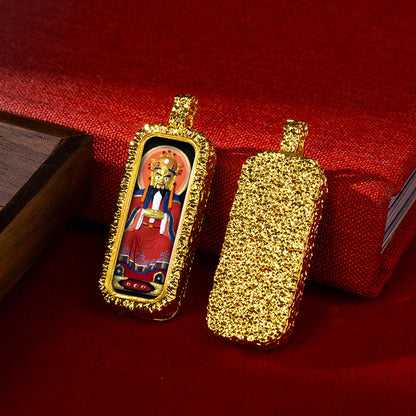 Hammered Brass Tibetan Tsha-Tsha Pendant (Rectangular Hand-Painted Amulet)