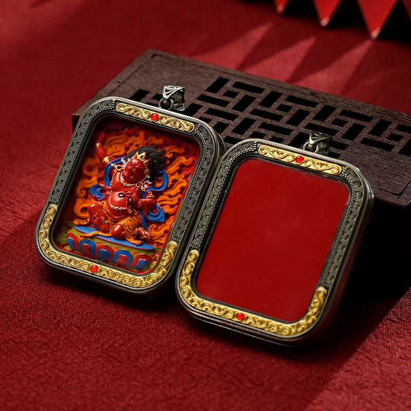 Hand-Painted Cinnabar Thangka Pendant (White Copper Frame) - Qilin & Zodiac Buddha
