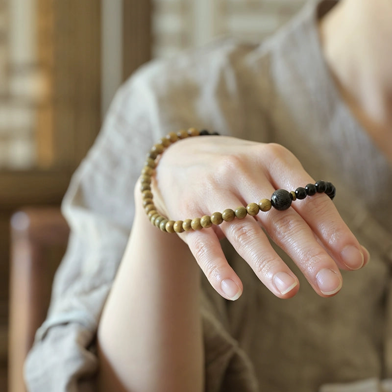 Verawood & Obsidian Heart Sutra Bracelet for Peace, Protection & Courage