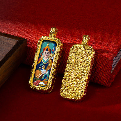 Hammered Brass Tibetan Tsha-Tsha Pendant (Rectangular Hand-Painted Amulet)