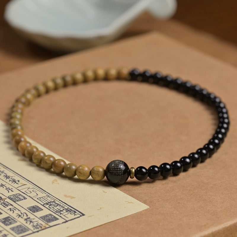 Verawood & Obsidian Heart Sutra Bracelet for Peace, Protection & Courage