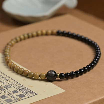 Verawood & Obsidian Heart Sutra Bracelet for Peace, Protection & Courage