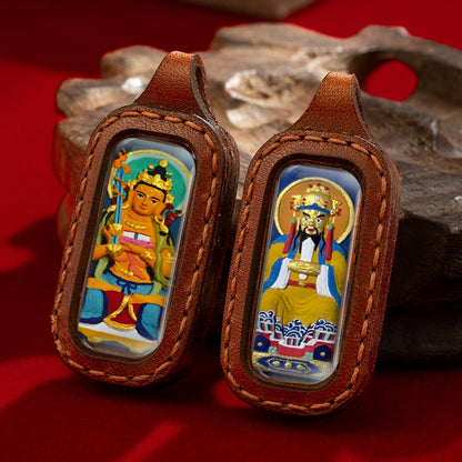 Hand-Painted Tibetan Clay Pendant in Stitched Leather Case (Double-Sided Amulet)